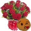 Buquê 24 Rosas Vermelhas+Almofada Emoji do Beijo 28cm