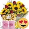 Buquê com 8 rosas vermelhas e 8 girassois+Caneca Rosa "Como é grande..."+Chocolate 12un+Emoji Apaixonado 28cm