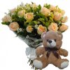 Buquê com 12 Rosas Chá+Urso com Laço 25cm