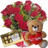 Buquê com 12 rosas Vermellhas+Chocolate 8un+Urso 25cm com coração "Eu Te Amo"
