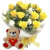 Buquê com 12 Rosas Brancas e Amarelas+Ursinho com Camiseta 18cm