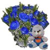 Buquê com 12 Rosas Azuis+Ursinho com camiseta 18cm